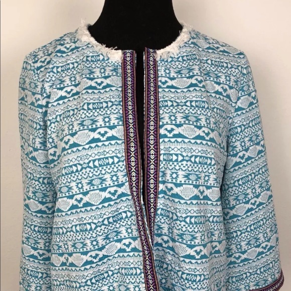Valerie Stevens Blue White Tribal Fringe Blazer - Picture 2 of 7
